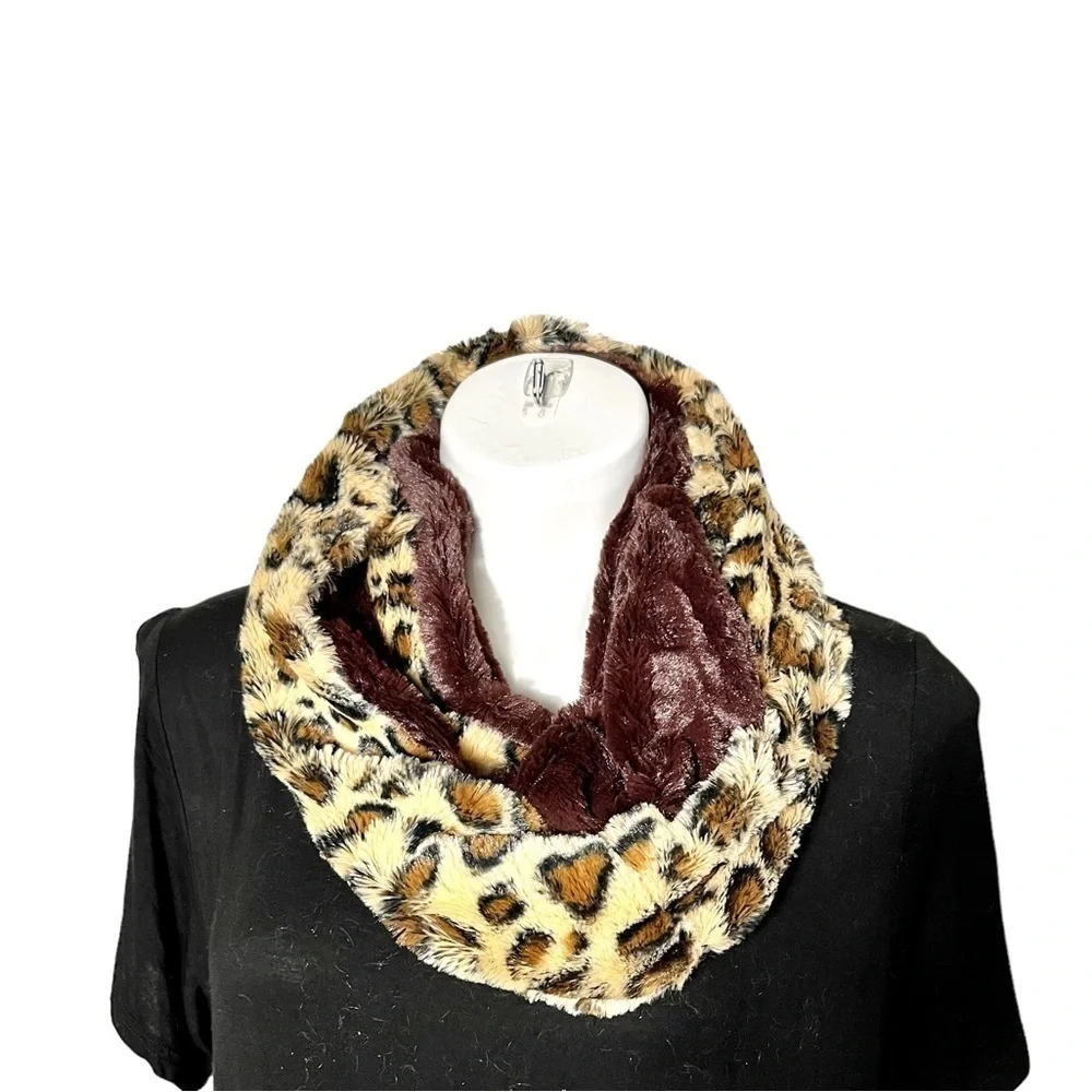 Faux Fur Animal Print Infinity Scarf Brown or Black New